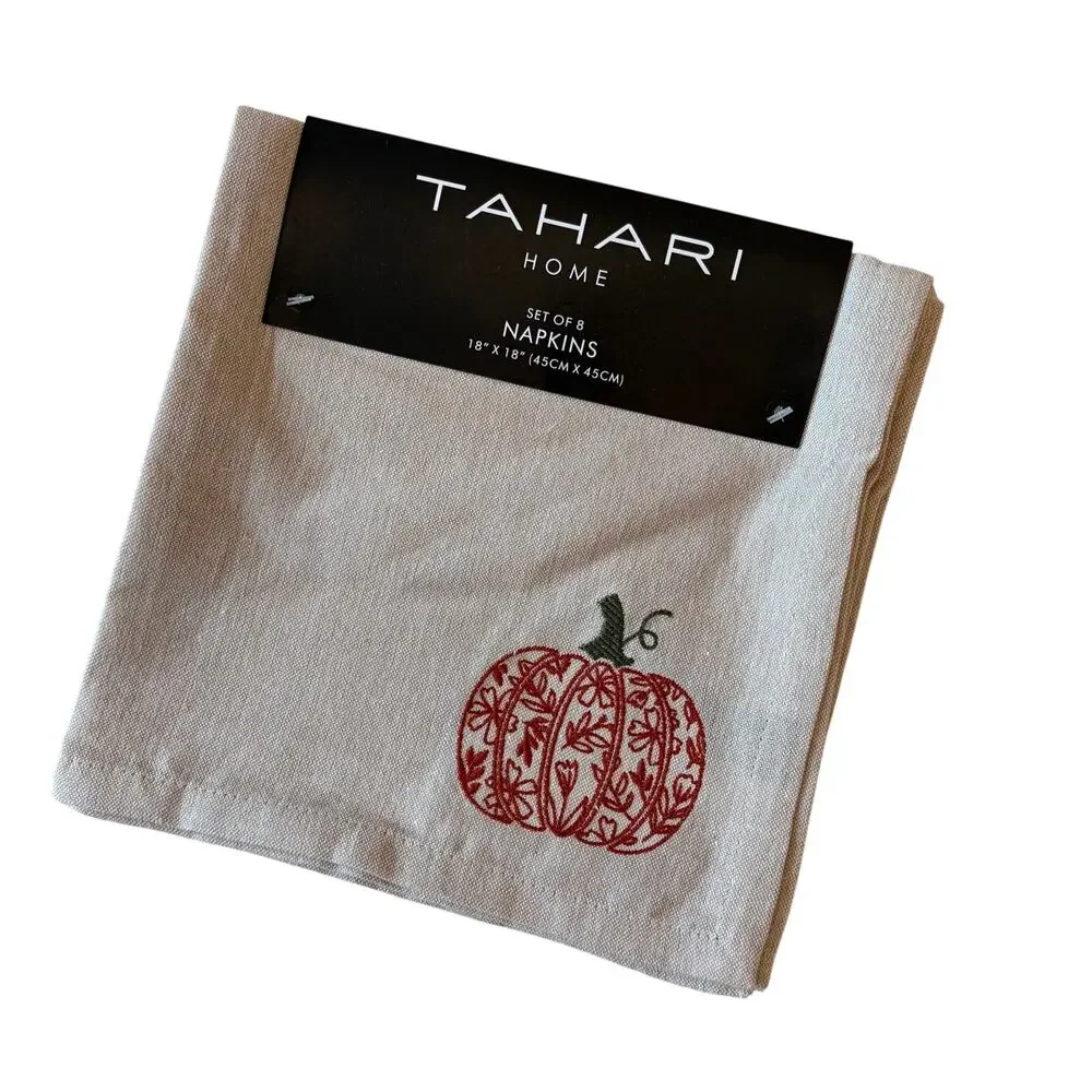8pc Tahari Home Embroidered Pumpkin Napkins 100% Cotton 18x18 Fall Decor NEW